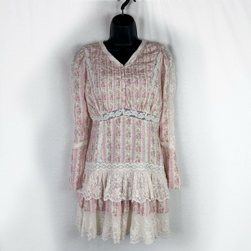 Love Shack Fancy LSF Pirelle Pink Floral Silk Lace Ruffle Mini Dress Size 6 - Picture 3 of 12